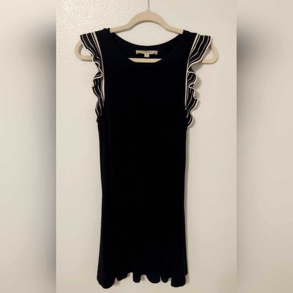 LOFT Black Swing Dress with White Ruffle Trim Size S